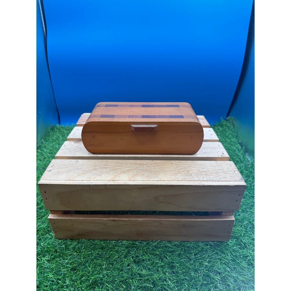 Vintage Handcrafted Inlay Wood Trinket Jewelry Box Curved Multitone - 7.5" Long